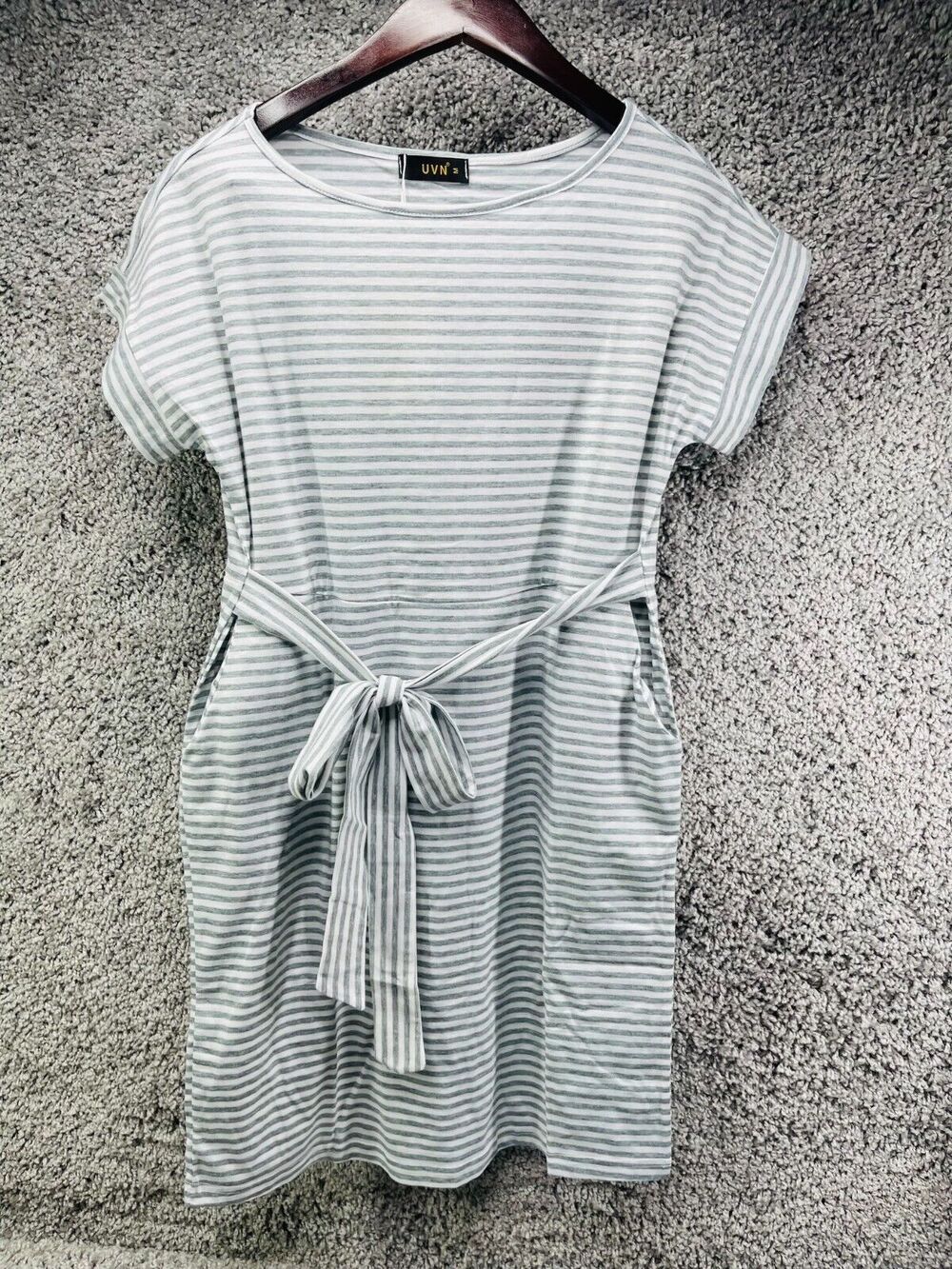 UVN Womens Gray White Striped Mini Dress Tie Waist Short Sleeve Size M Nwt